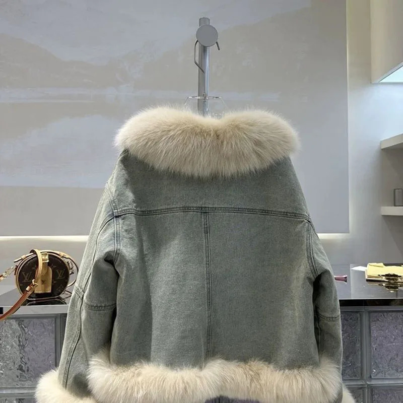 Large Fur Collar Denim Jackets Women Outwear Duck Down Liner Down Jacket Sort Motorcycle Jacket 2024 Winter Thick Warm Parka 241126
