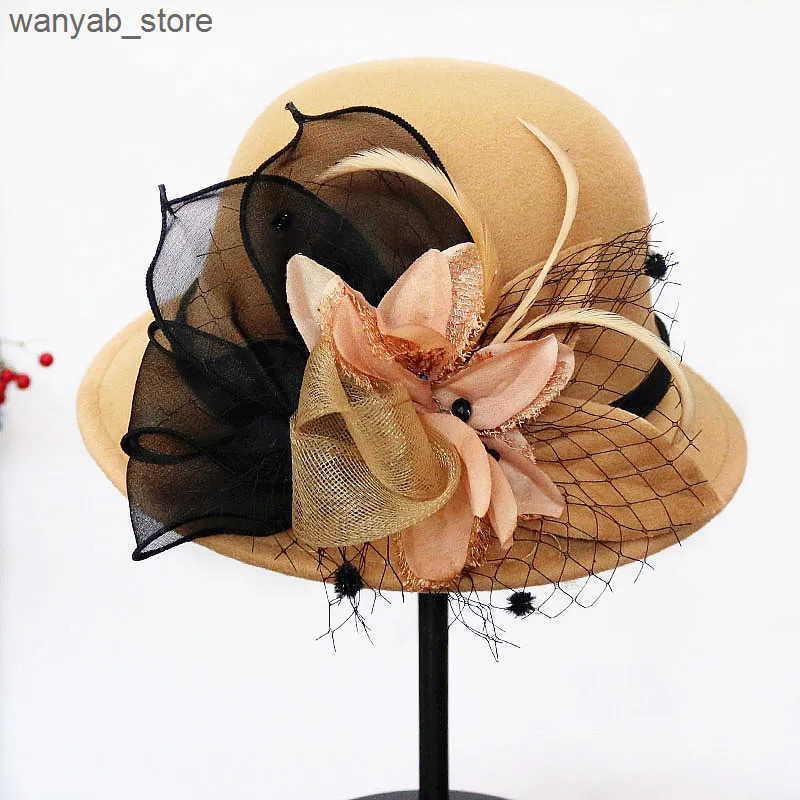 Wide Brim Hats Bucket Hats Autumn Winter Wool Women Elegant Church Hat Ball Ribbon Solid Color Ladies Jazz Cap New Female Bow Bowler Wedding Ceremony 