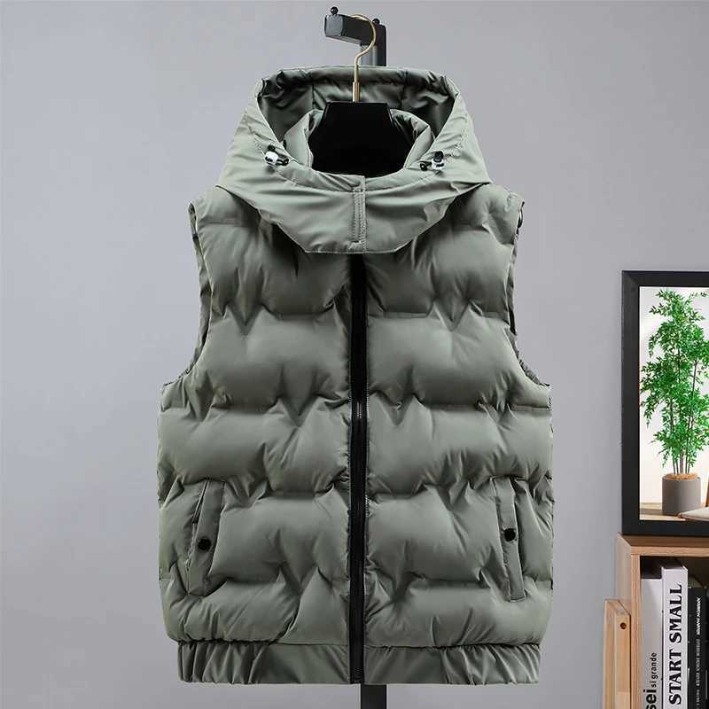 Men's Down Parkas 2024 Autumn and Winter Cotton Vest Solid Fashion Warm Sleeveless Jacket for Man with Hooded Casual Thick Mens Outwear Vest z241