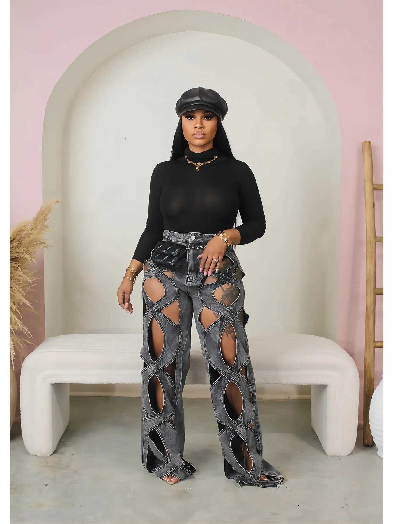 Women's Jeans Strtwear boyfriend jeans womens stretch personal twist hollow loose straight jeans retro clothing H241130