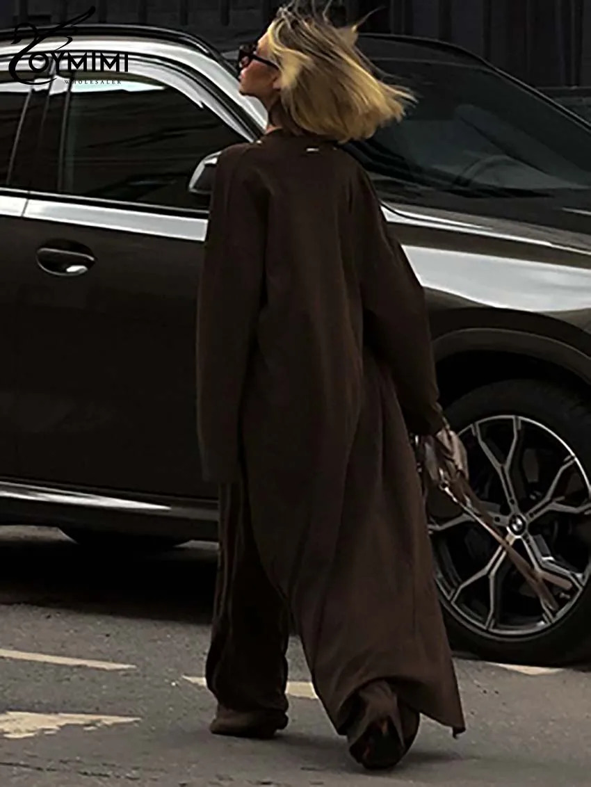 Oymimi Casual Brown 3 Piece Set Outfit Fashion Long Sleeve Robe And Slip Slim Tank Tops Simple Straight Trousers Sets 241129