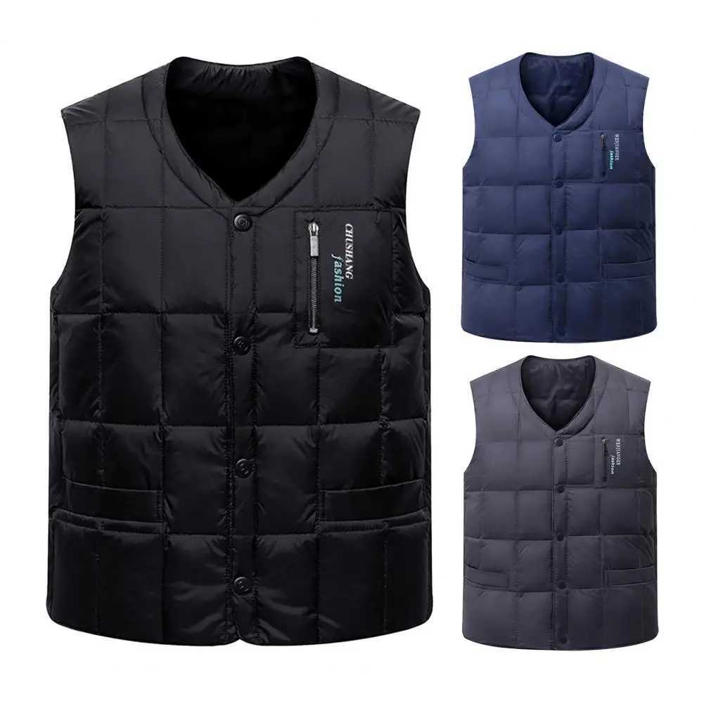 Men's Down Parkas Winter Mens Vest Casual Padded Plush Single-breasted Sleeveless Winter Jacket Fashion V-neck Warm Fishing Vest Clothing Jacket 