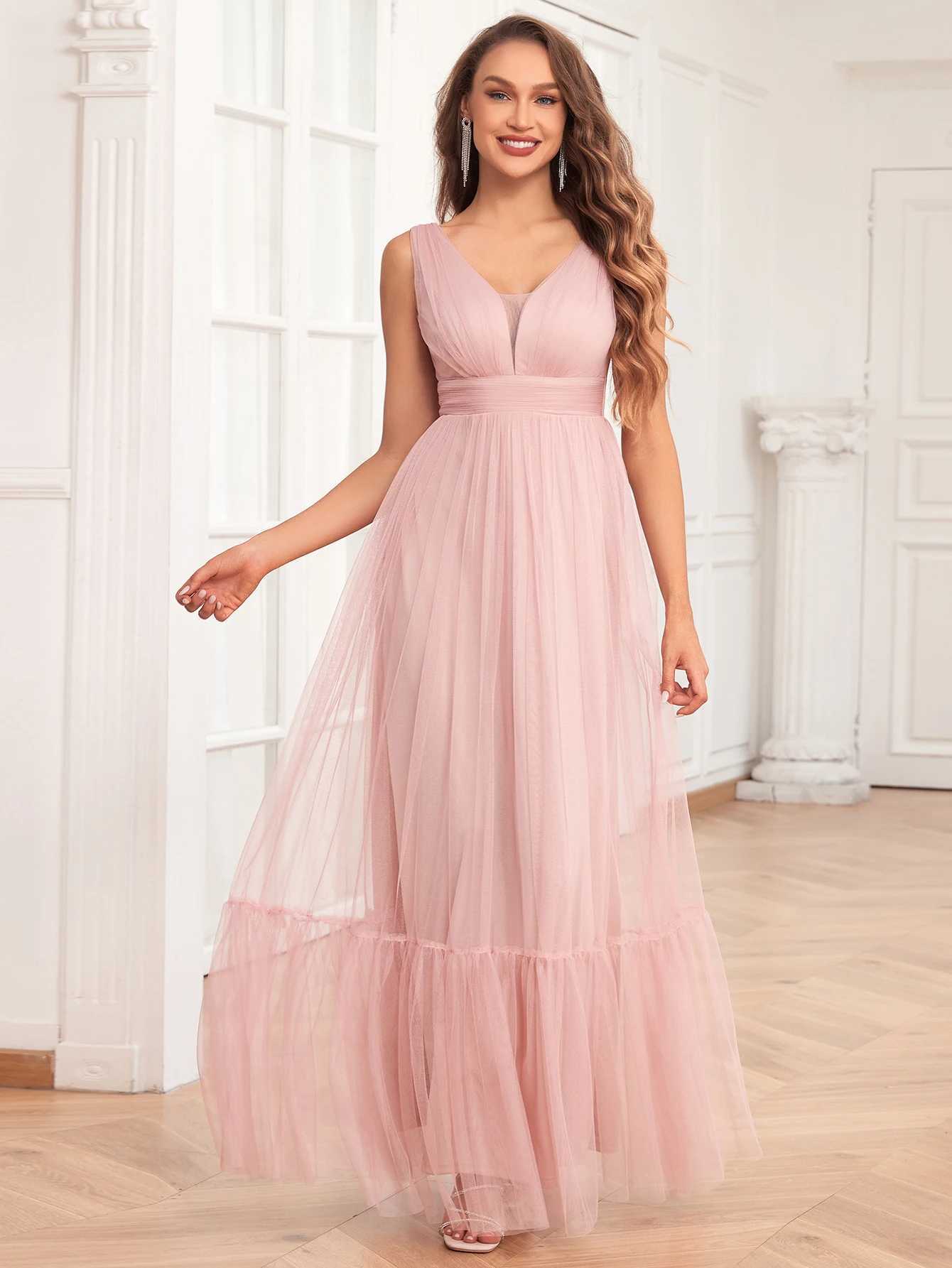 Runway Dresses New Womens Elegant Double V Neck Slveless Tulle Fully Lined Evening Gown A-Line Fluffy Tulle Wedding Bridesmaid Party Y240426