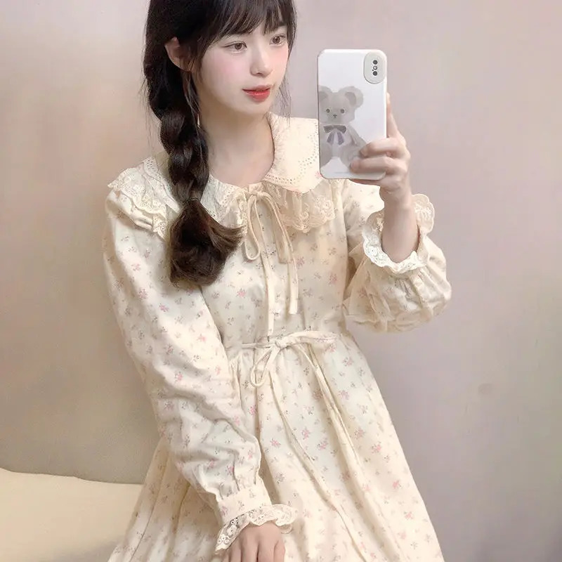 Harajuku Sweet Pink Long Sleeve Knitted Top Y2k Peter Pan Collar Floral Dresses 2024 Autumn Two Piece Sets 241129