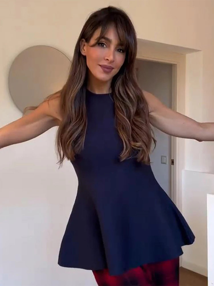 Elegant Ruffle Top Pant Set Dark Blue Oneck Sleeveless High Waist Wide Leg Pants Female Suit 2025 Fashion Lady 241129