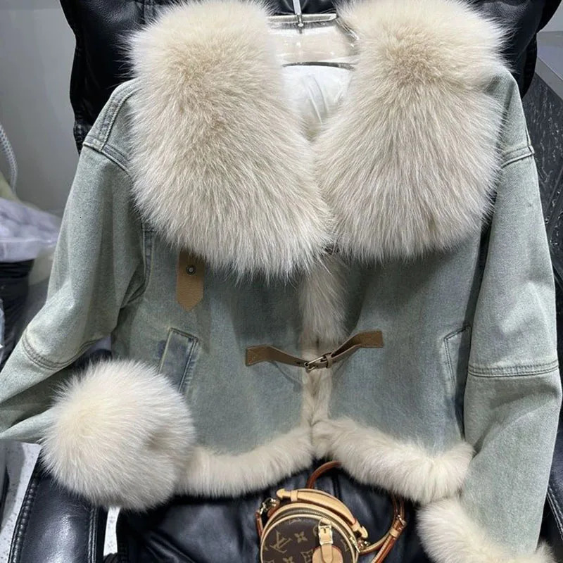 Large Fur Collar Denim Jackets Women Outwear Duck Down Liner Down Jacket Sort Motorcycle Jacket 2024 Winter Thick Warm Parka 241126