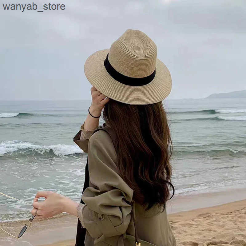 Wide Brim Hats Bucket Hats Large Size 56-58 59-60cm New Natural Panama Straw Hat Summer Men Women Wide Brim Beach UV Protection Fedora Sun Hat Wholesa