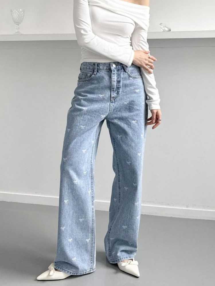 Women's Jeans Womens light blue jeans pants Korean bag bow decorative high waisted straight leg pants womens casual printed buttons H241130