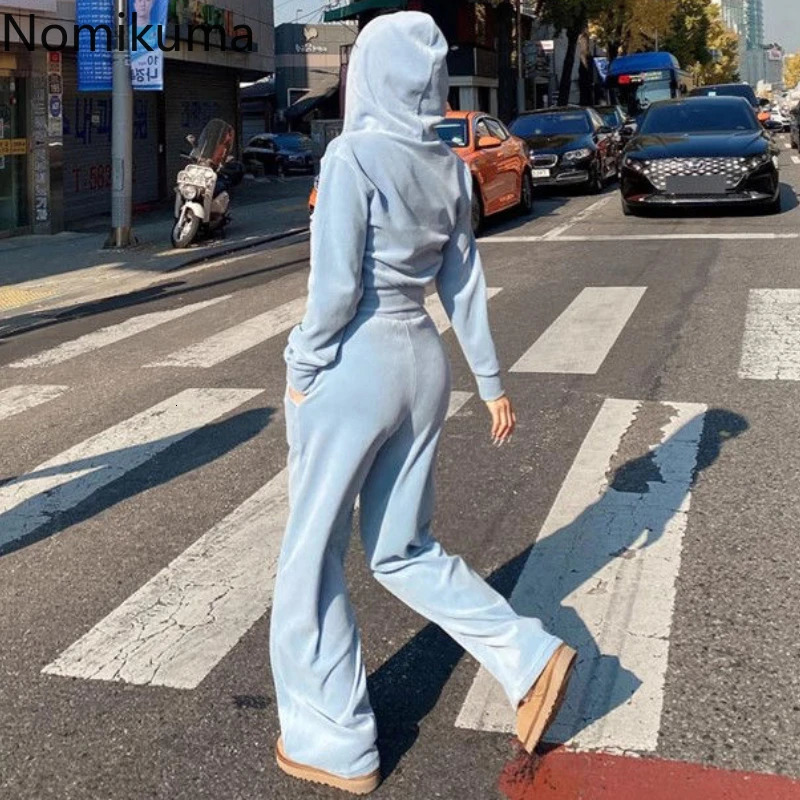 Two Piece Sets Outfits Hooded Zipper Crop Jackets High Waist Straight Wide Leg Pants Suit Casual Fashion Velvet Y2k Set 241129
