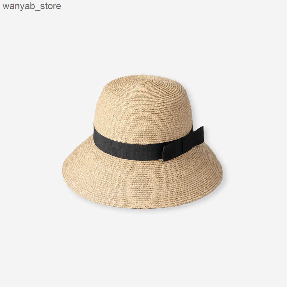 Wide Brim Hats Bucket % Natural raffia straw hand weaved bucket hat women wide brim foldable L240910