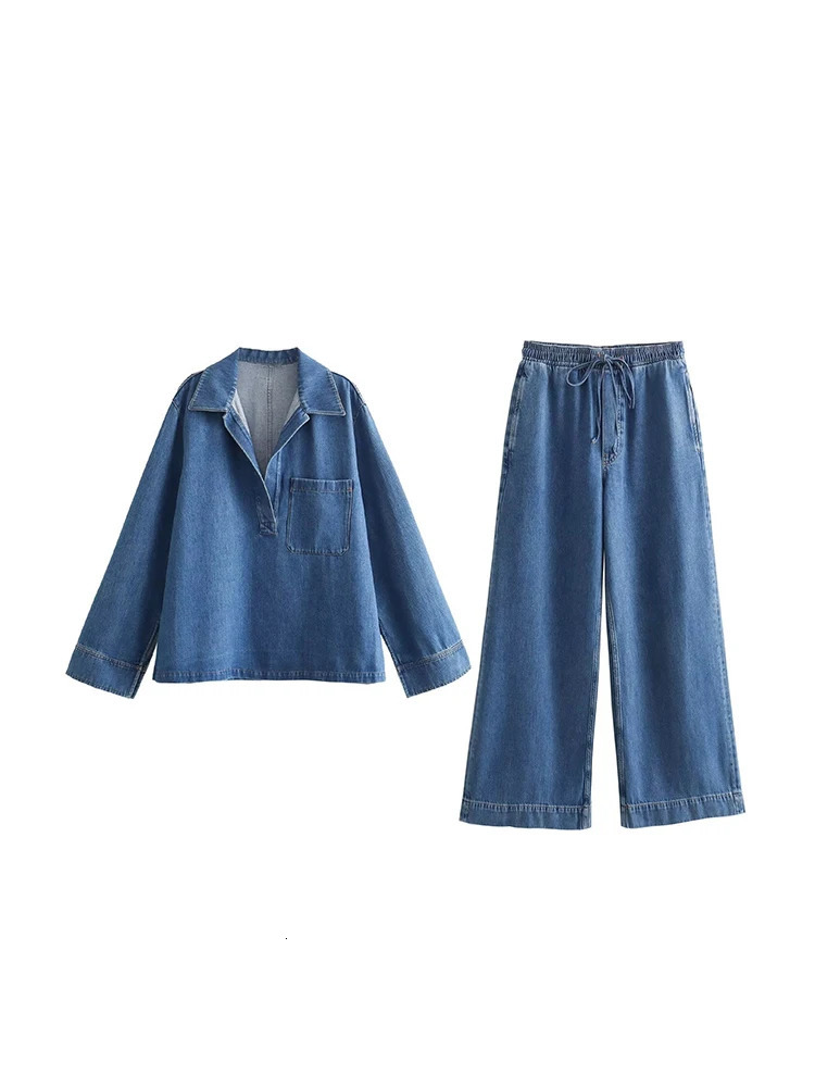 LANMREM Office Lady Washed 2 Piece Set For Women V Neck Pullover Shirts Drawstring High Waist Loose Jeans 2024 Autumn 241129