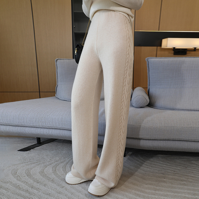 High Quality 100% Wool Women's High Waisted Wide With Side Jacquard Thickened Cashmere Loose Straight Leg Pants