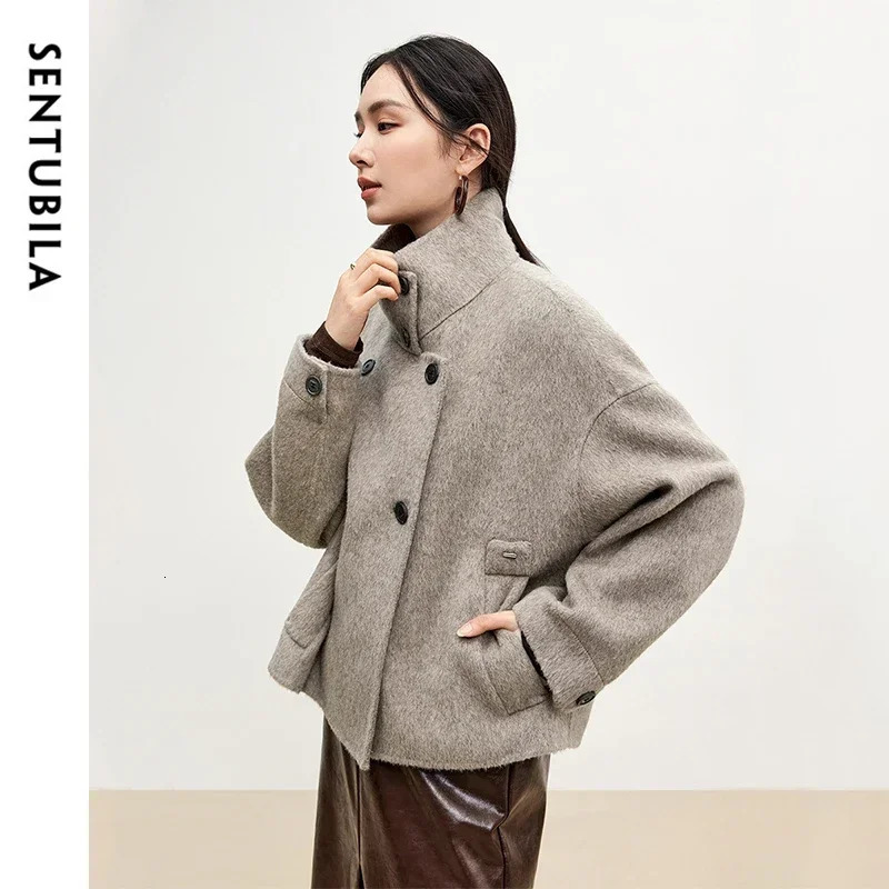 SENTUBILA 100 Wool Coats for Women 2024 Winter Stand Neck Double Sided Temperament Cropped Outerwears Hight Quality W44O56626 241129