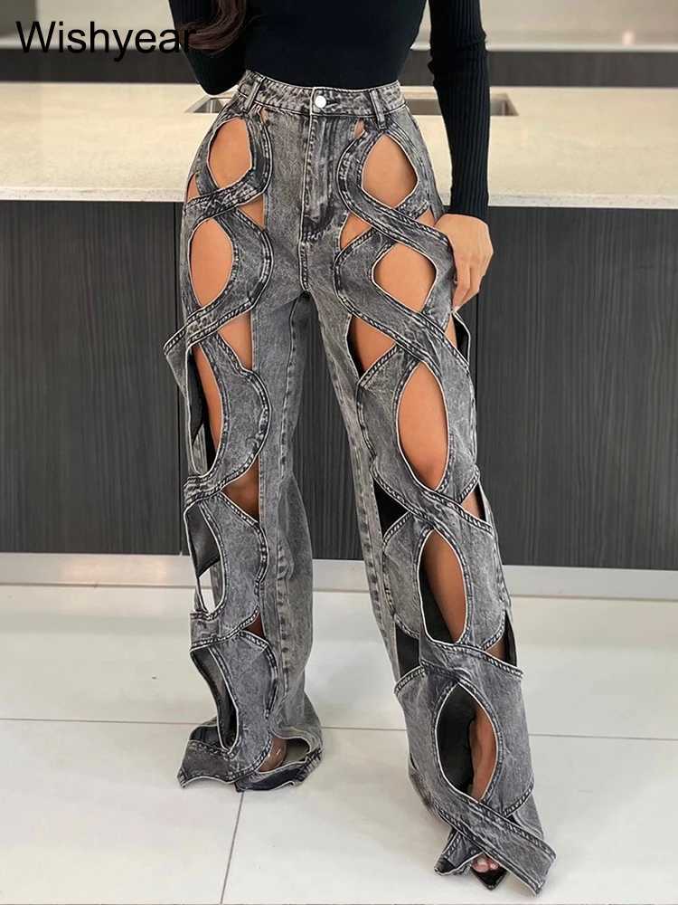 Women's Jeans Fashionable mens elastic cross hollow loose denim womens cargo pants sexy high waisted straight pocket jeans for girls Trouthers H2