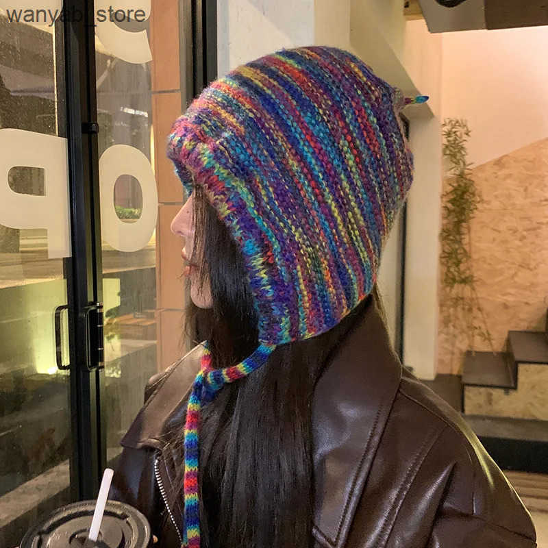 Wide Brim Hats Bucket Hats Rainbow Striped Ear Flap Hats Classic Coldproof Knit Hats Warm Skull Cap Trendy Beanies For Women Female Autumn Winter L240
