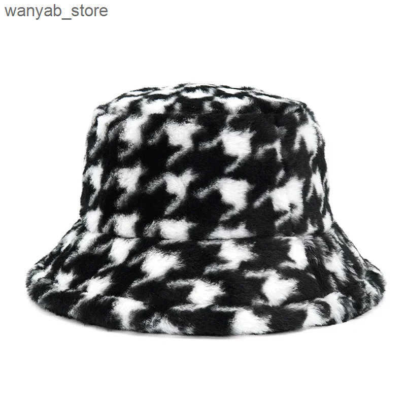 Wide Brim Hats Bucket 2024New Winter Bucket-Hats Fluffy Fur Men Women Panama Hat Fashion Warm Fisherman Cap Letter Rainbow Houndstooth Leopard Printed