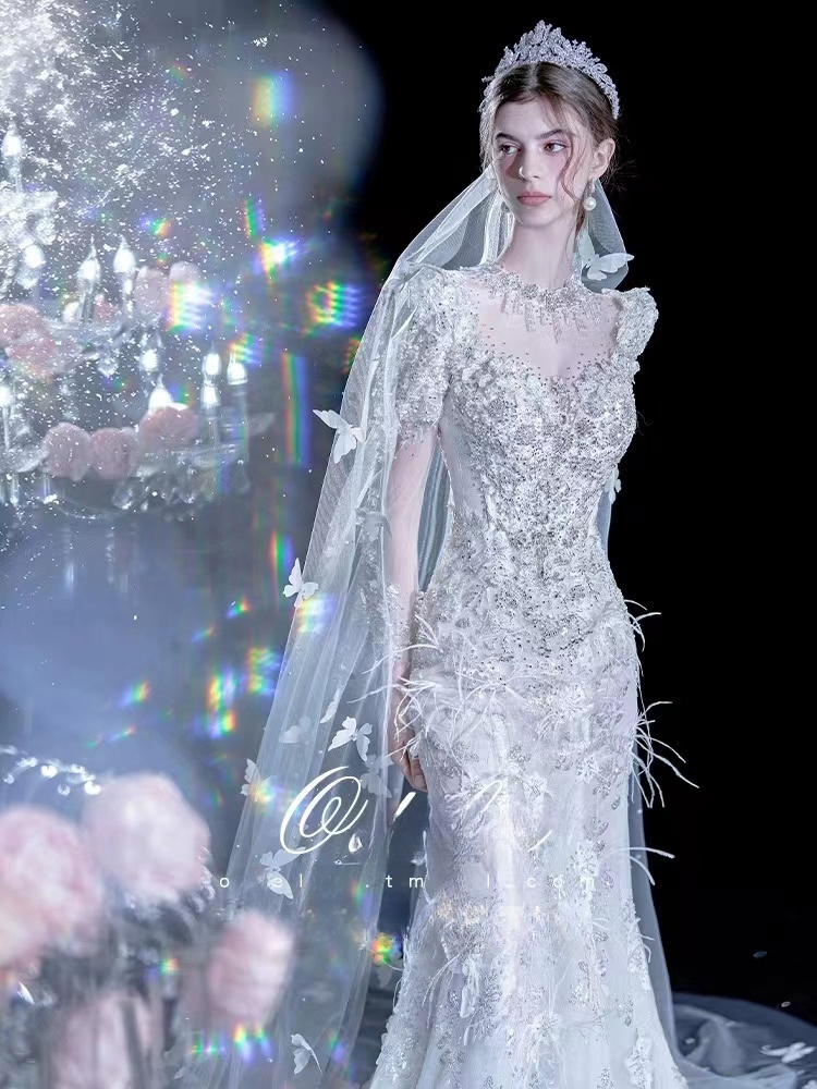 Plus Size Luxurious Lace Beaded Wedding Dresses Arabic Aso Ebi long sleeves crystals pearls beaded Mermaid Bridal Dresses Vintage Wedding Gowns feathe