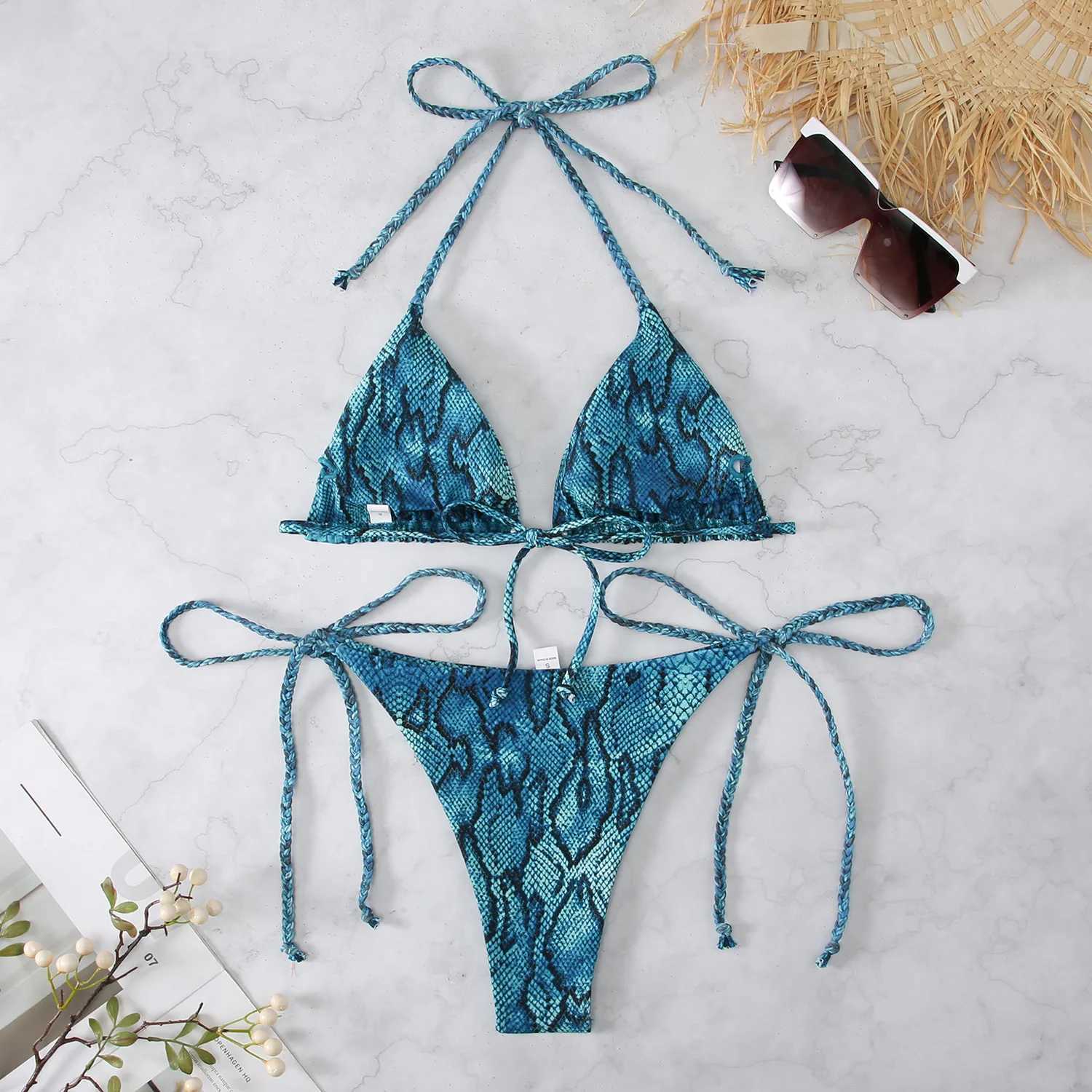 Women's Swimwear Snake Print 2-piece womens swimsuit 2024 new triangle bikini summer beach vacation suspension backless lace swimsuit H241130