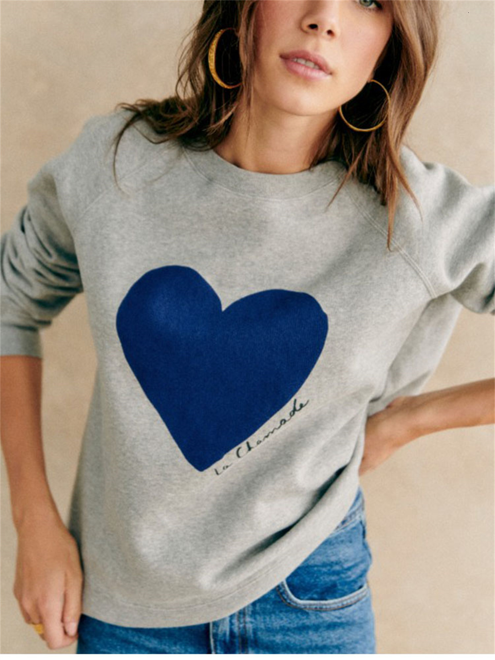 Women Heart-Shaped Print Sweatshirt Spring New O-Neck Ladies Long Sleeve Female 3 Colors Loose Pullover Tops