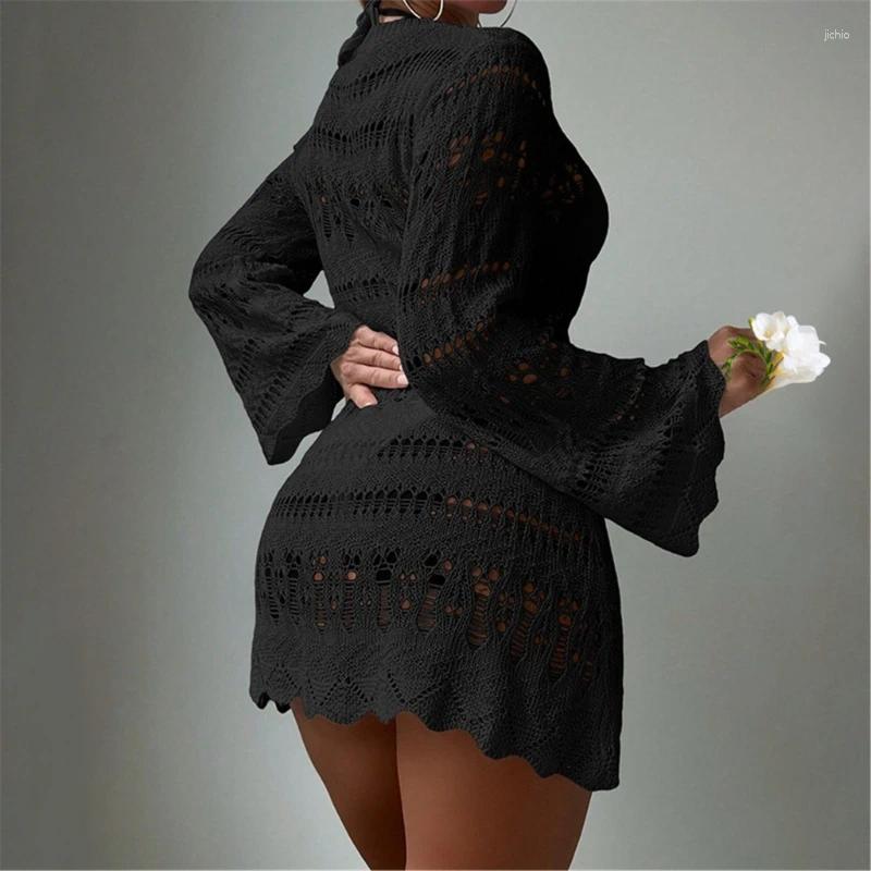 Hollow Out Crochet Beach Wrap Dress Long Sleeve Swimsuit Women Bathing Suit Coverup For Parties