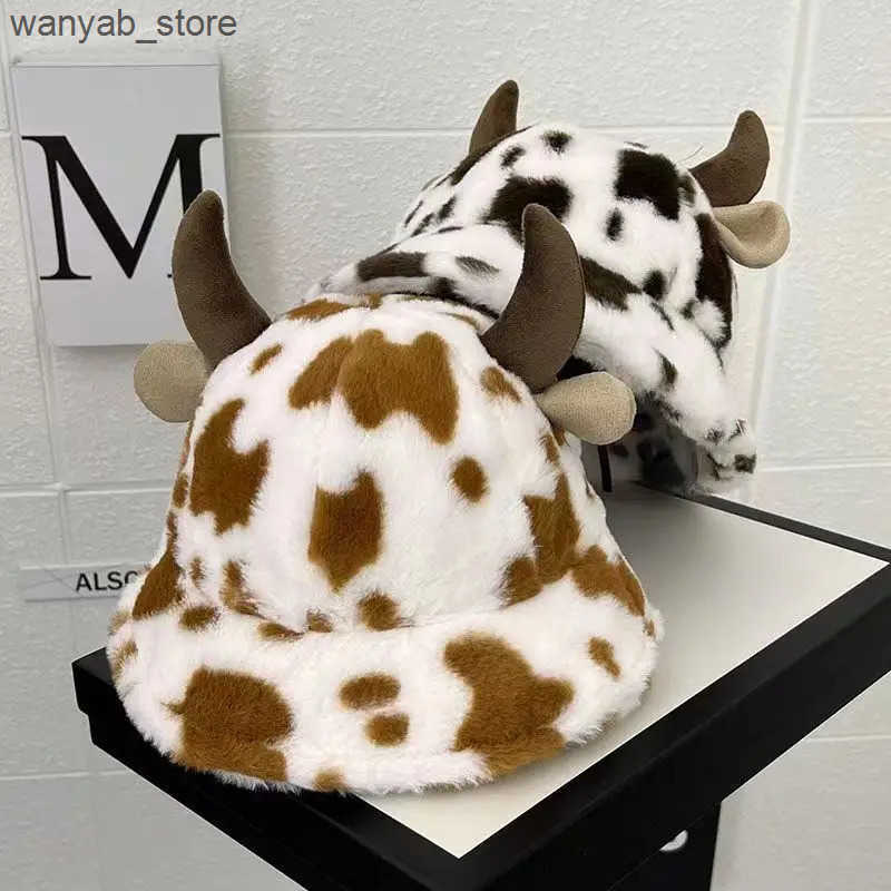 Wide Brim Hats Bucket Autumn and winter new cow print horn fisherman hat female Korean fashion plush thickened warm basin L240910
