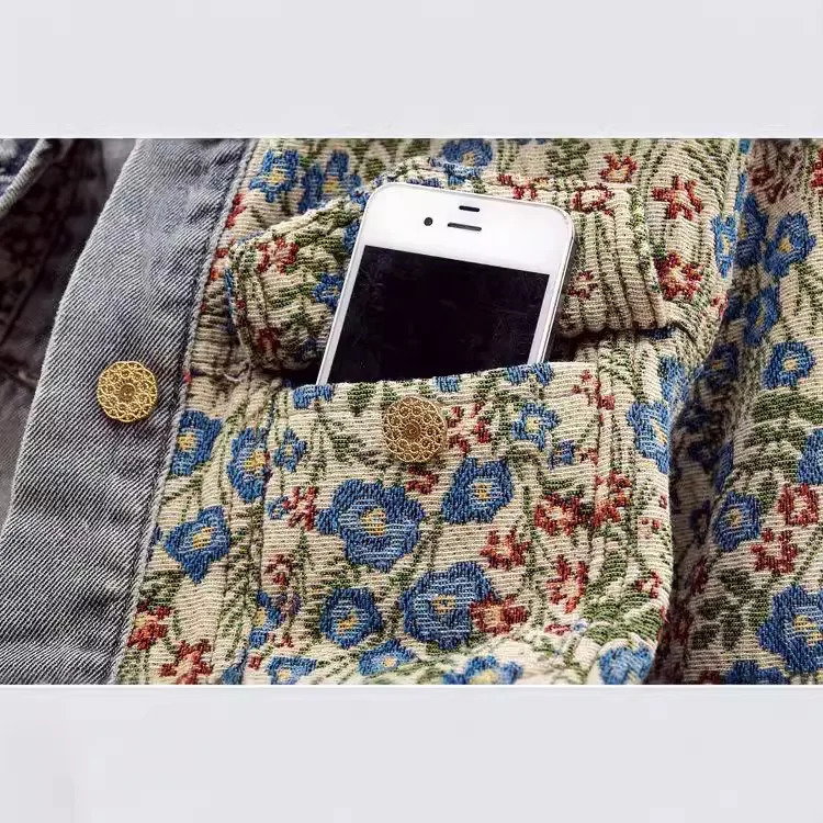 0109 Vintage Denim Jacket Women Slim Single Breasted Short Jeans Ladies Peter Pan Collar Floral Embroidery Spring Autumn 241129