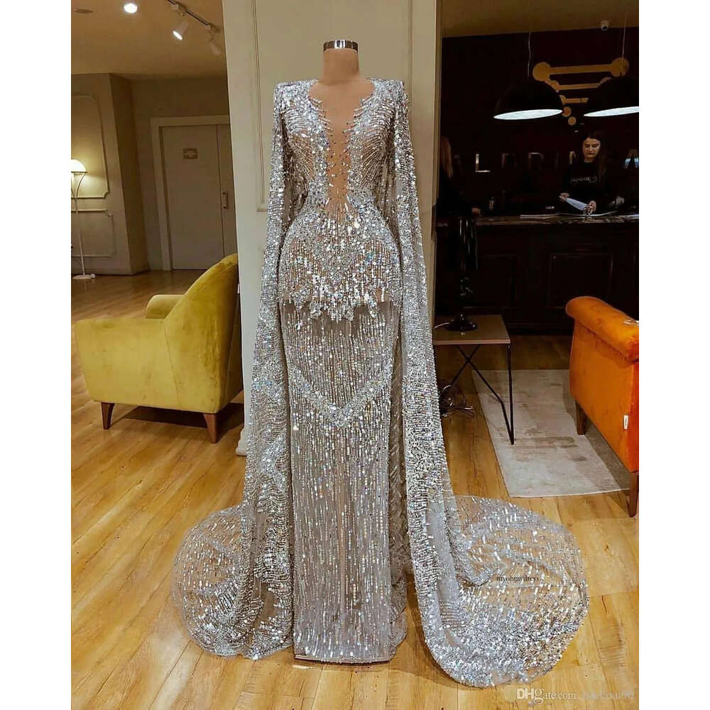 Sparkly Sequined Long Sleeves Mermaid Evening Dresses With Wrap, Sier Prom Dress Formal Party Pageant Gowns