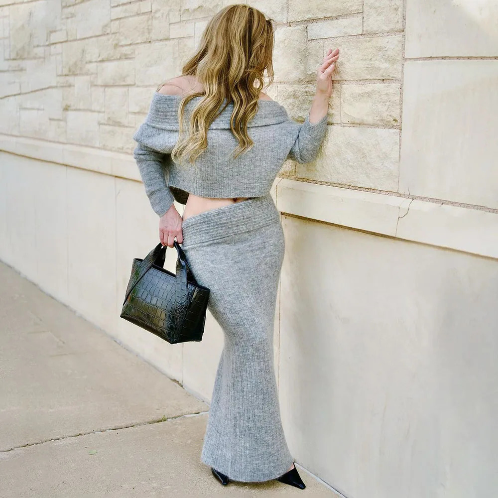 Talenza Knitted Long Skirt 2 Piece Set Womens Solid One Shoulder Sleeve Sweater Pullover Elegant Slim 241129