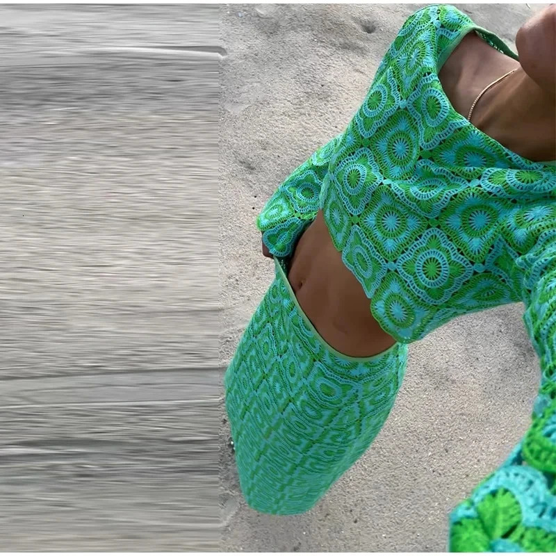 EINY Crochet Hook Knitted Hollow Out Skirt Suit Women Long Sleeve Oneck Crop Top High Waist Skirts 2 Pics Summer Lady Beachwear 241129