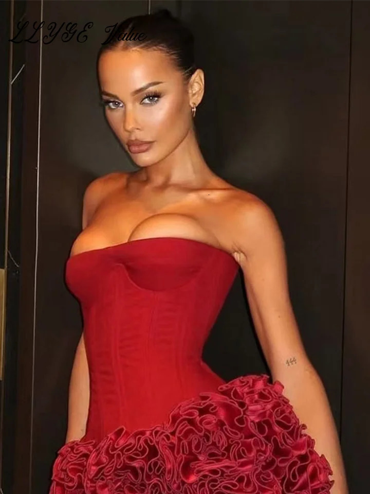 Sexy 3D Flower Ruffle Mini Skirts Set Backless Bandage Tube Tops Aline Skirt Female Slim Patchwork Party Outfit 241129