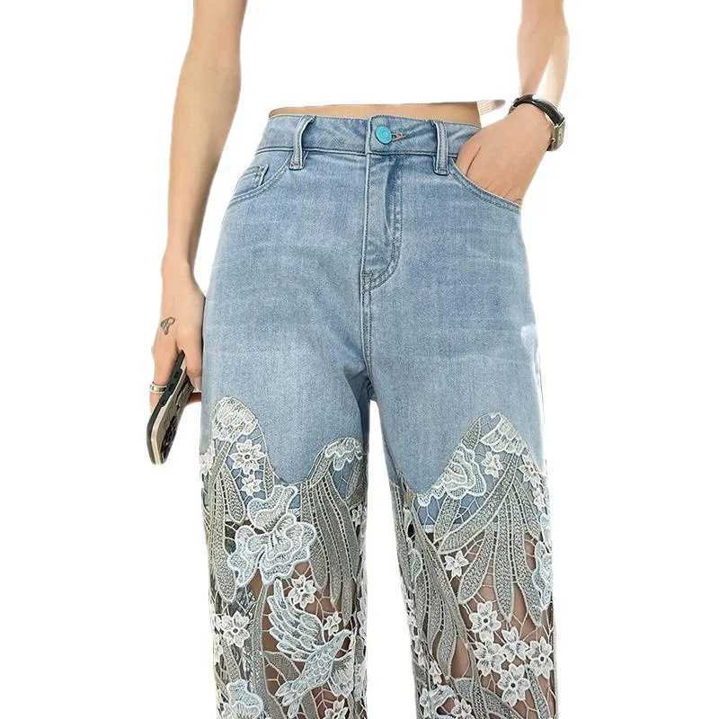 Women's Jeans Lace patchwork hollow niche jeans for womens summer new straight bucket slim fit retro casual loose denim pants Y2k H241130