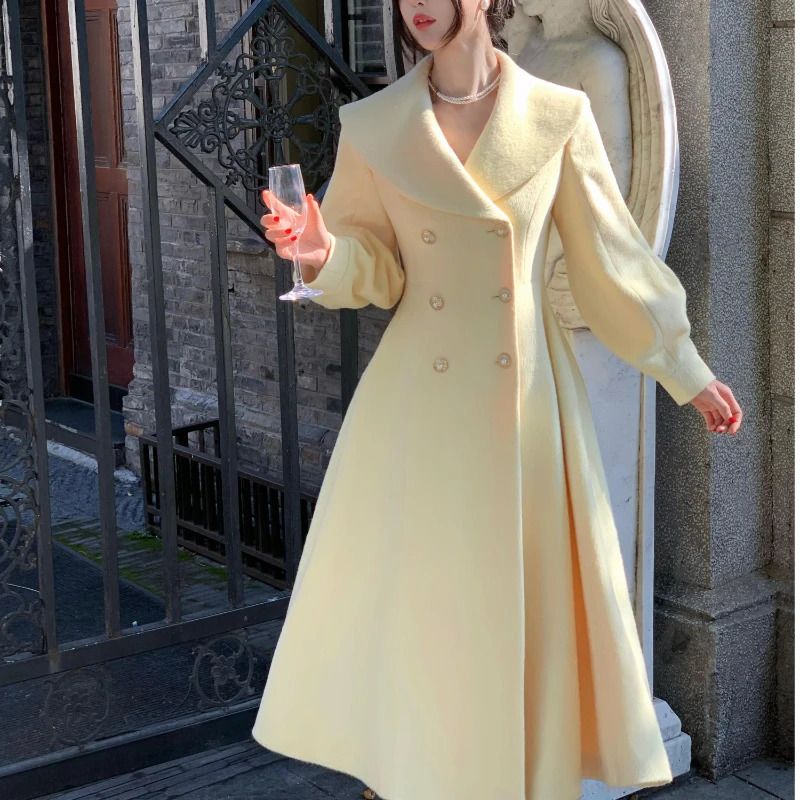 Fall and Winter Korean outerwear 2024 pattern French Retro Small fragrant big collar woolen coat lantern sleeves 241129