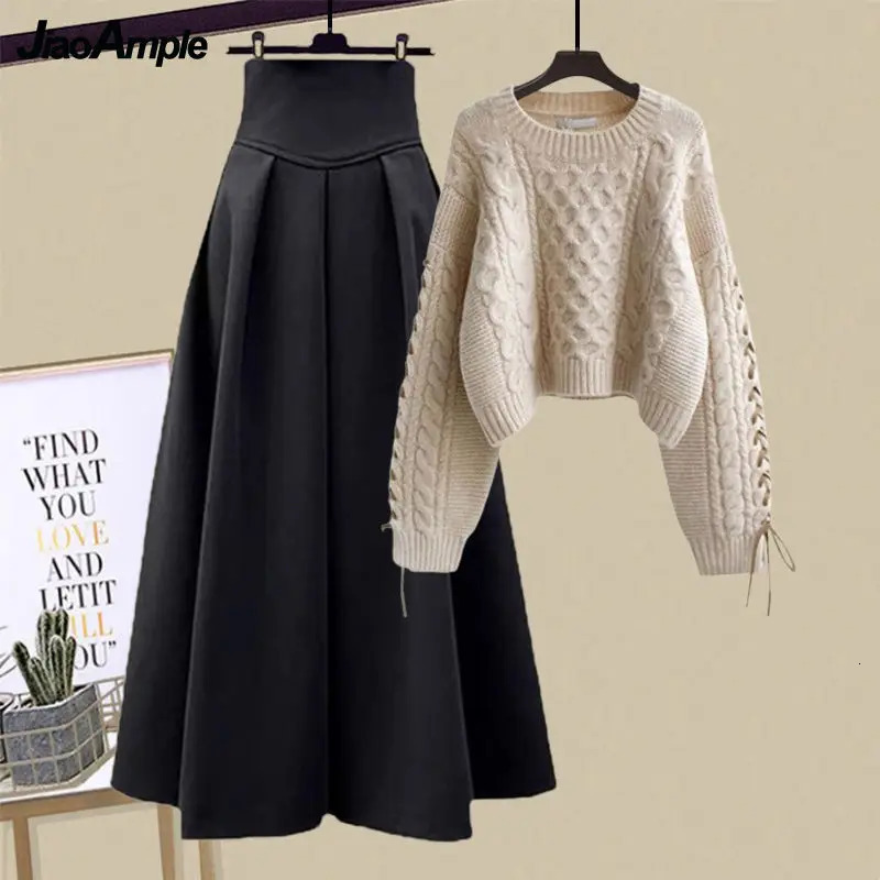 Women AutumnWinter Loose SweaterHigh Waist Midi Skirt 2Piece Suit Korean Chic Long Sleeve Knit Hoodie Dress Matching Set 241129