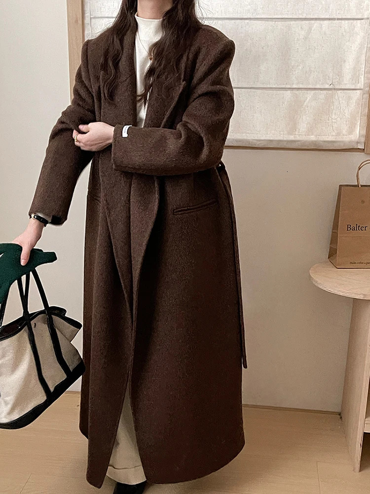 LANMREM Womens Belt Gathered Waist Wool Coats Notched Long Sleeve Office Lady Warm Female Outwear 2024 Winter 26C1186 241129