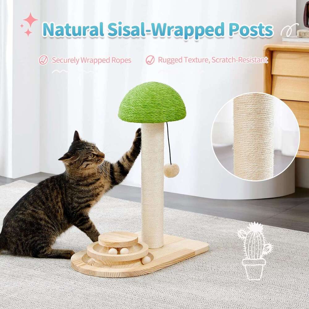 Made4Pets Cat Scratchig Post, Mushroom Cat Scratcher Sisal Ropes, Iteractive Track for Small Kittes, 2-In-1 Wood Scratch Toy with Dagg Plush Ball 20 i