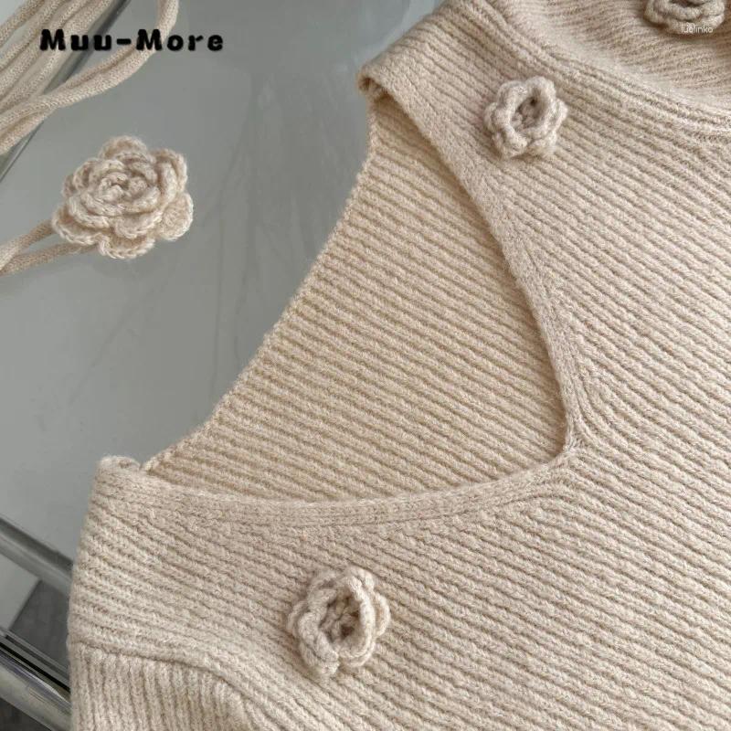 Casual Dresses 2024 Spring Vintage Long Sleeve Female Solid Color Midi Women Elegant V-neck Knitting 3D Floral A-Line Dress