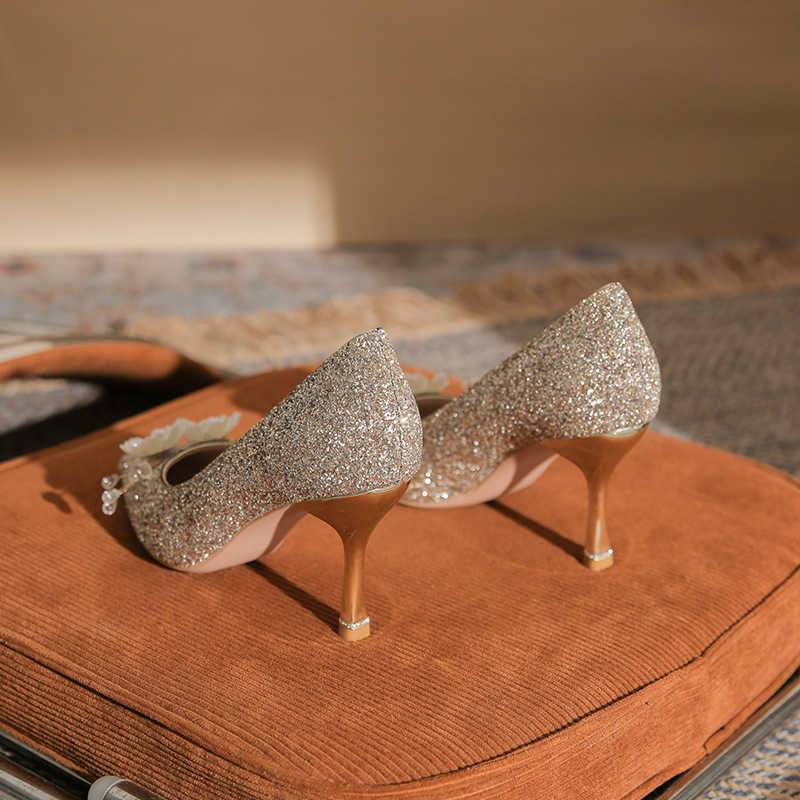 Fashion Glitter New Womens High Heels Thin Heels Pointed Wedding Shoes Classic Shoe Flower Versatile Single Shoes