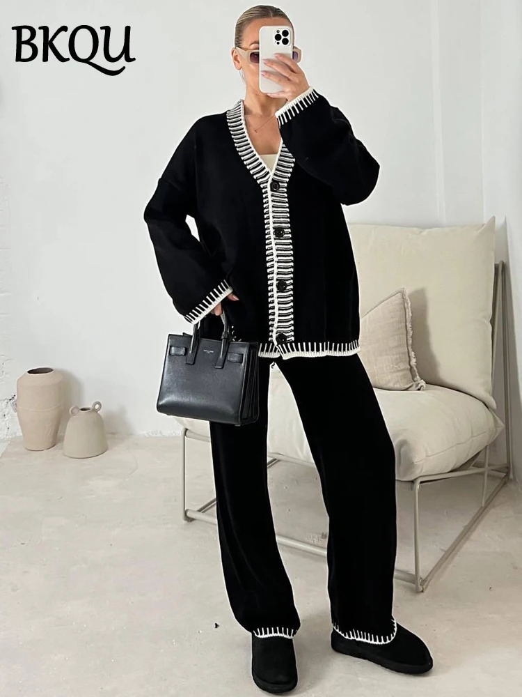 BKQU Knitted Two Piece Set Vneck Button Cardigan Sweater Casual Wide Leg Pants Suits Autumn Winter Lady Tracksuit Outfit 241129