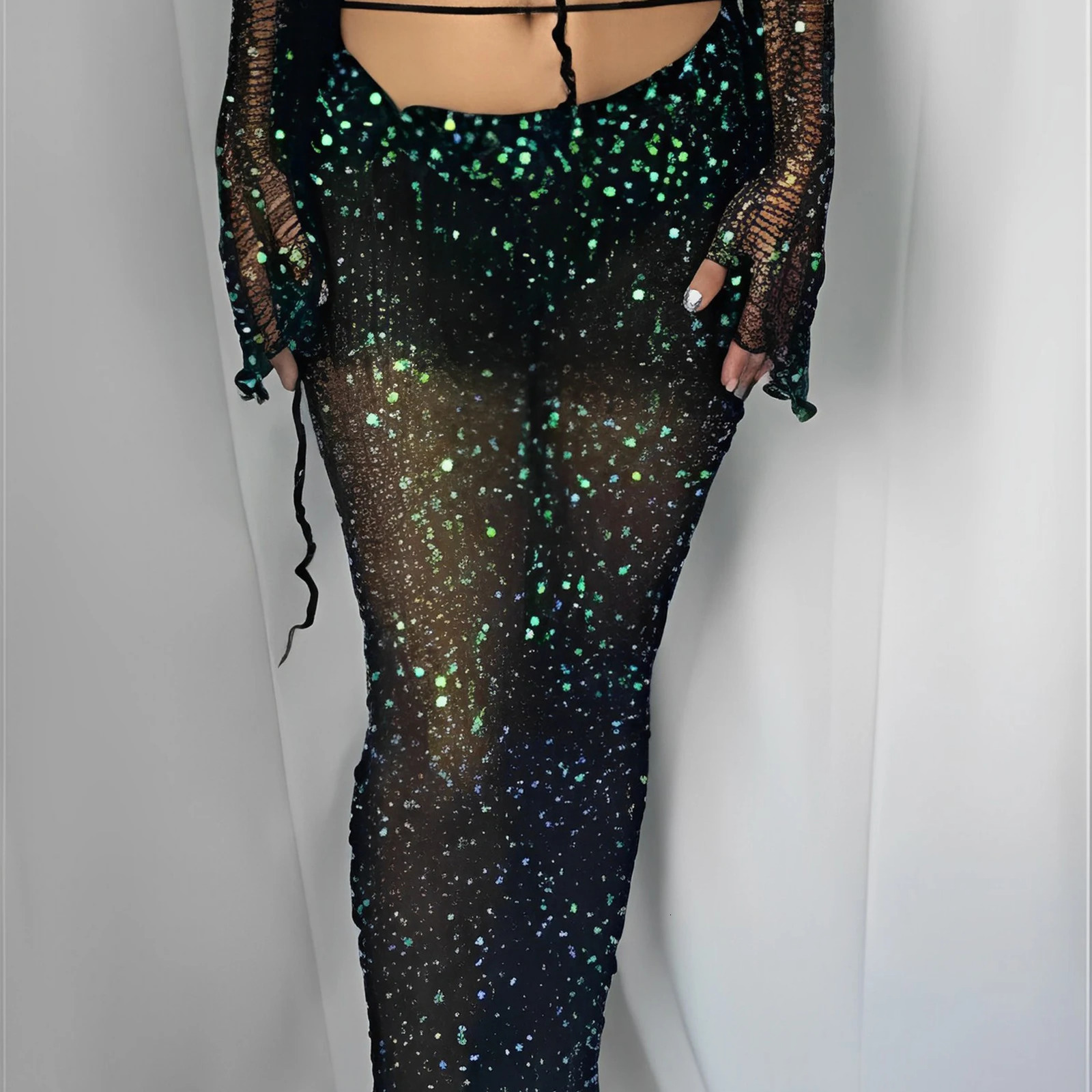 Summer Women Crochet Knitted Dress Two Piece Skirt Sets Clothes Sexy Crop Tops Elegant Knit Sequin 2 Set Outfit 240423