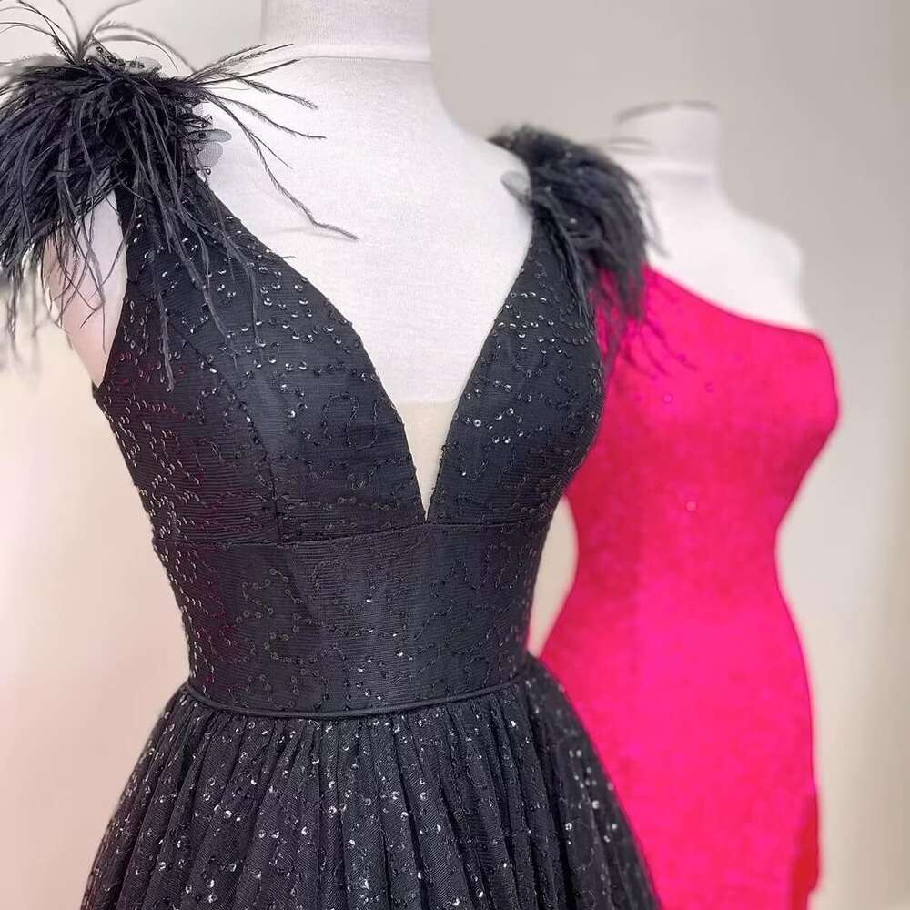 Sequin V Neck Prom Dresses Feather Ball Gown for Women Tulle Formal Evening Party Gowns prom AMZ s