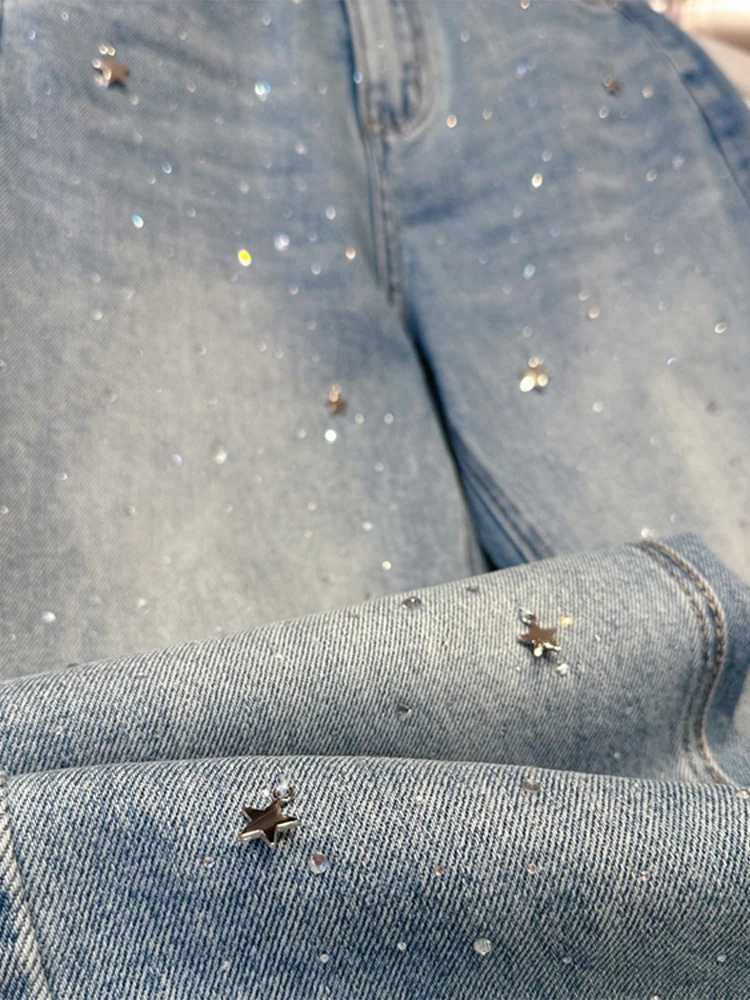 Women's Jeans Fashionable and shiny blue jeans for women Rhinestone Star high waisted straight denim pants spring chic and loose Trouser womens p