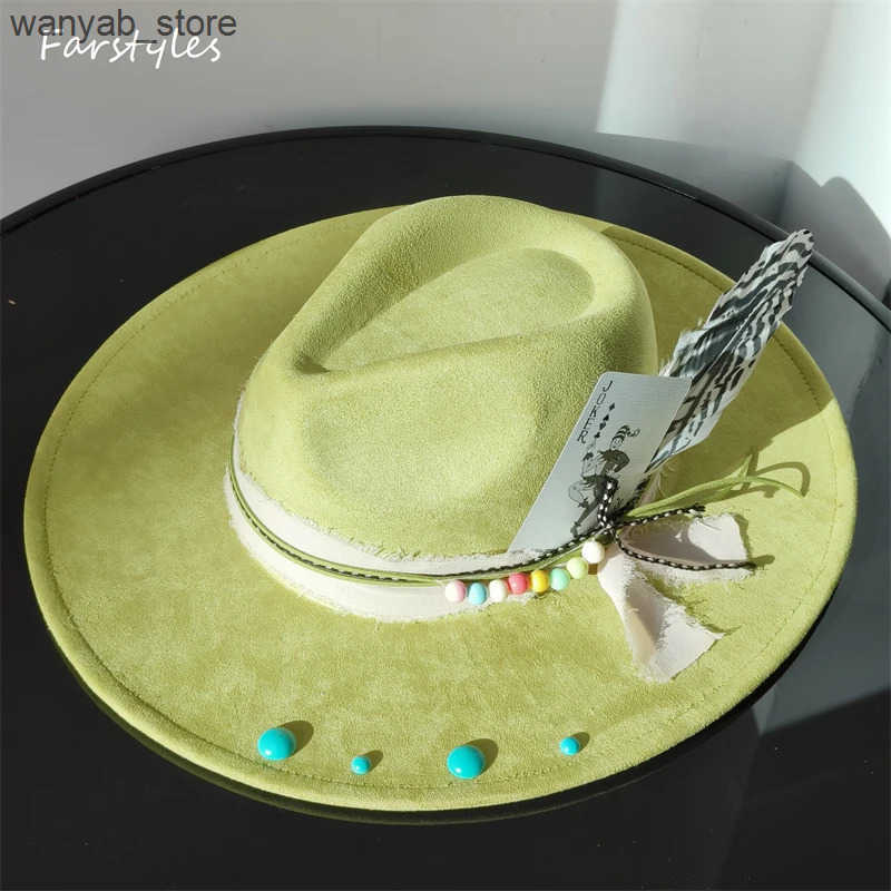 Wide Brim Hats Bucket Hats INS Wide Brim fedora hats Felt Suede hat turquoise Men women Feather accessory Fedoras DIY flat brim hat Jazz hat Top hats 