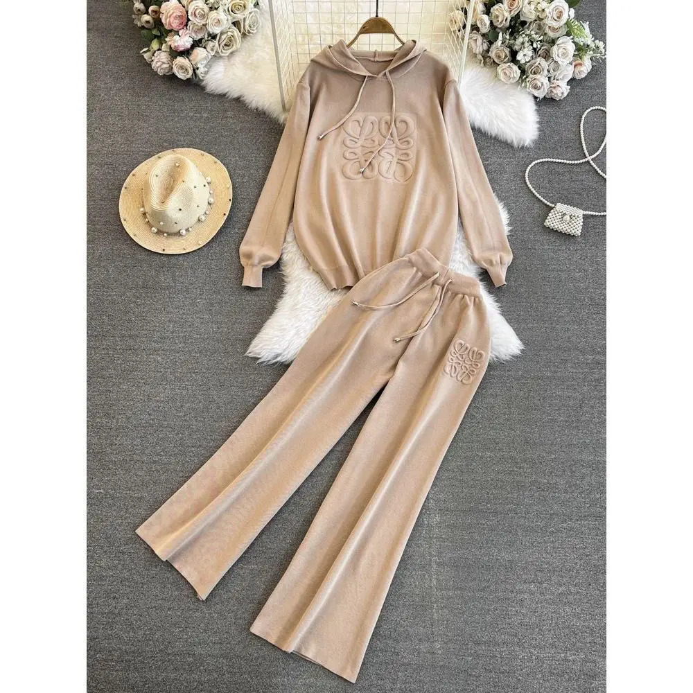 Fashion Suit Womens Korean Version Loose Knit Hooded Top Casual High Waist Slimming Straight Leg Wide Pants Twopiece Set 241129