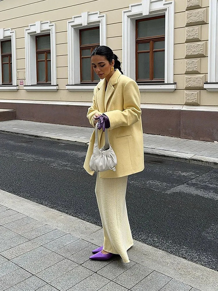 Elegant Lapel With Packet Double Breasted Woolen Coat Women Fashion Yellow Long Sleeve Loose Overcoat Autumn Winter Lady Outwear 241129