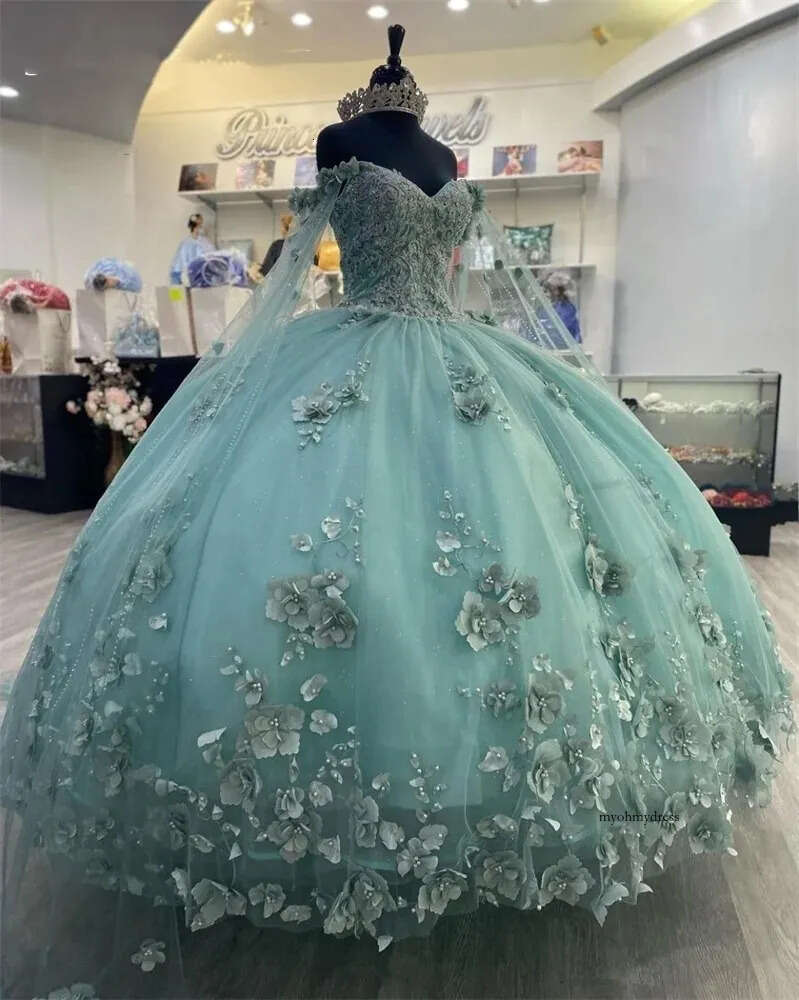 Princess Sage Green Off The Shoulder Ball Gown Quinceanera Dresses For Girls Beaded Celebrity Party Gowns 3D Flowers With Cape 0431