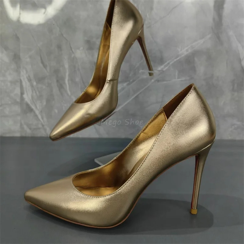 Golden Leather Shallow Shoe 10Cm High Stiletto Heels Pumps Matte Handmade Quality Shoes Big Size 43 for Lady 241126