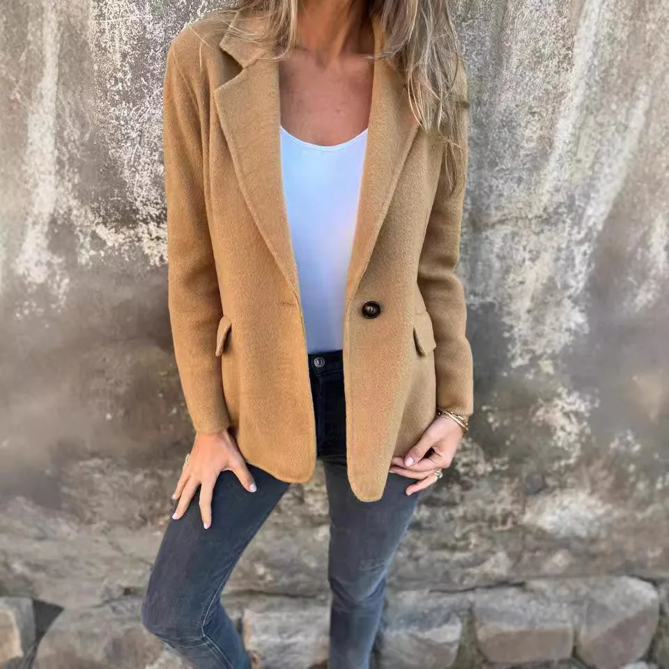 Woolen Suit Jacket Womens Casual Lapel Button Pocket Cardigan 241129