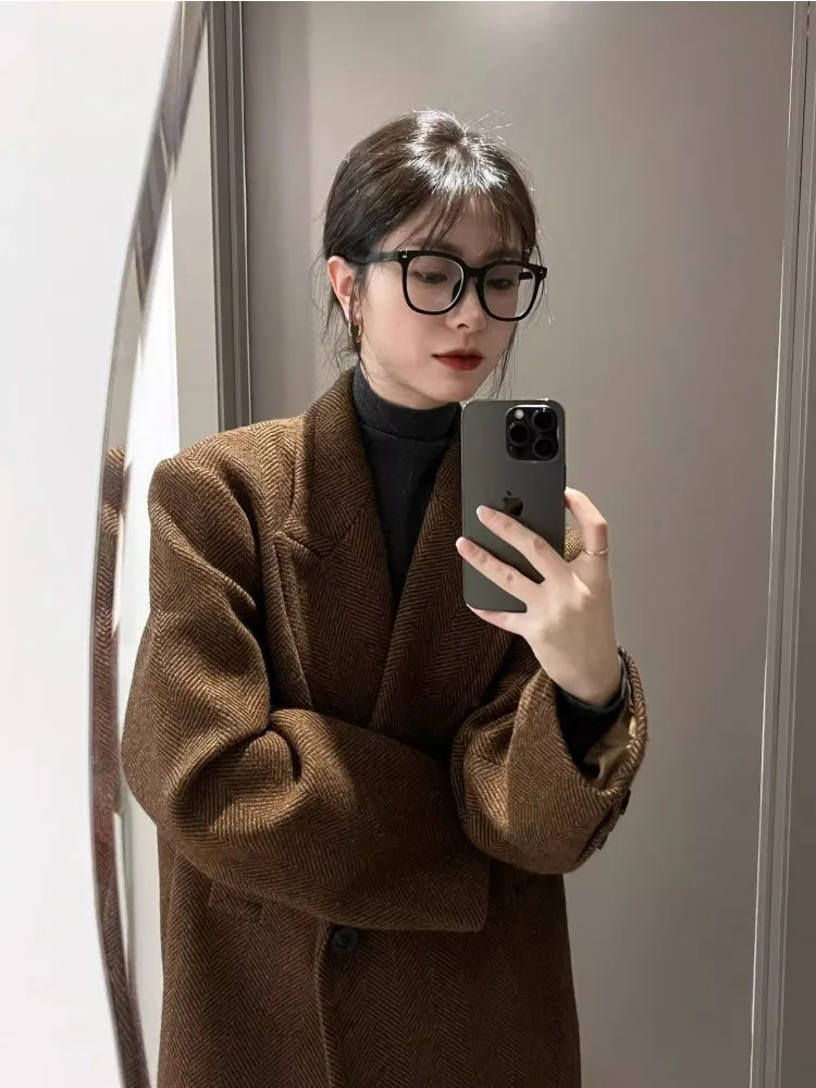 Coffee Colored Herringbone Patterned Woolen Coat WomenS Autumn And Winter HighEnd Temperament Loose Suit Jacket 241121