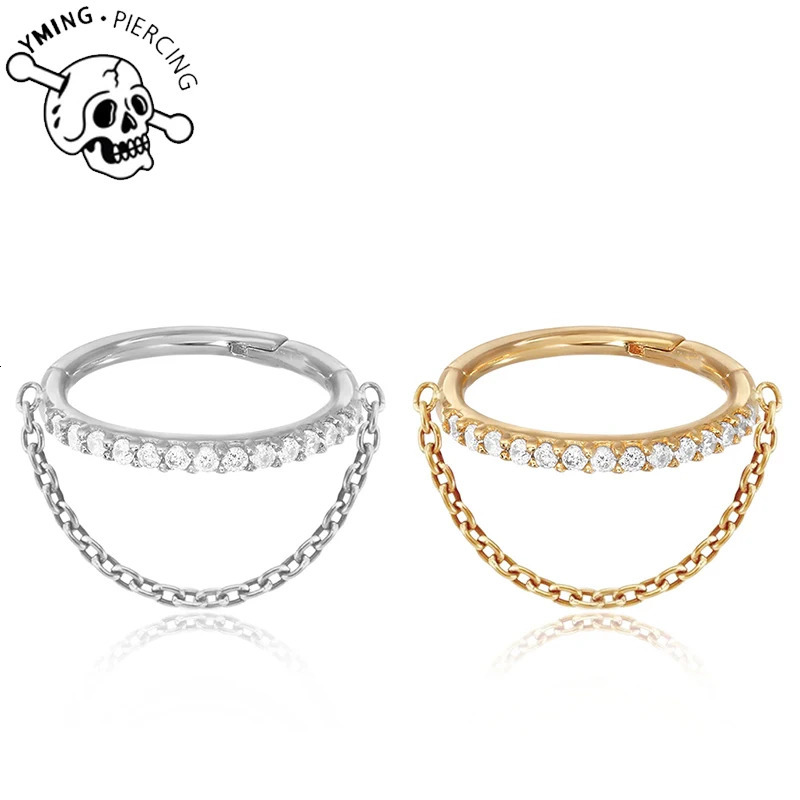 G23 16G 5A CZ Hinged Segment Clicker Septum Nose Ring with Chain Cartilage Hoop Earring Helix Piercing 241125
