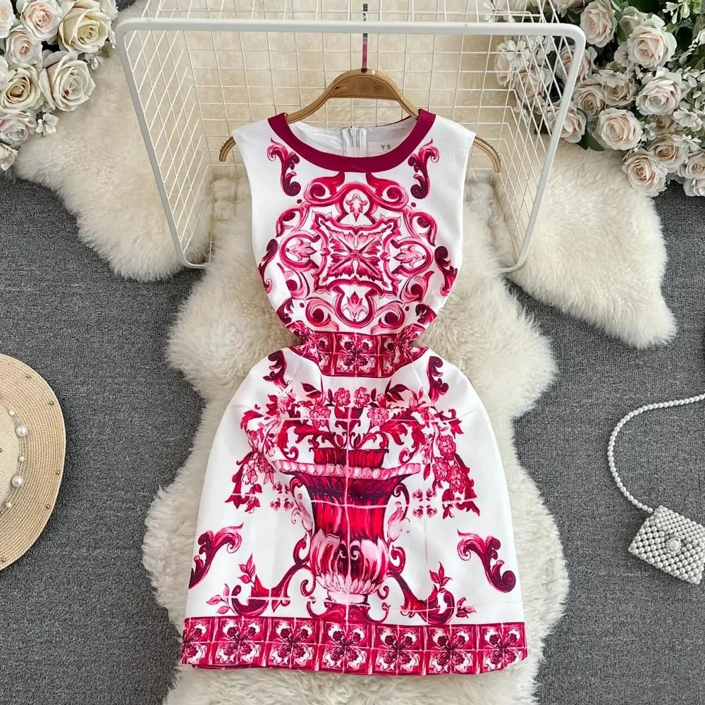 Summer Fashion Sleeveless Red Blue And White Porcelain Dress For Women Runway O-Neck Flower Print Holiday Tank Mini Vestidos 240423